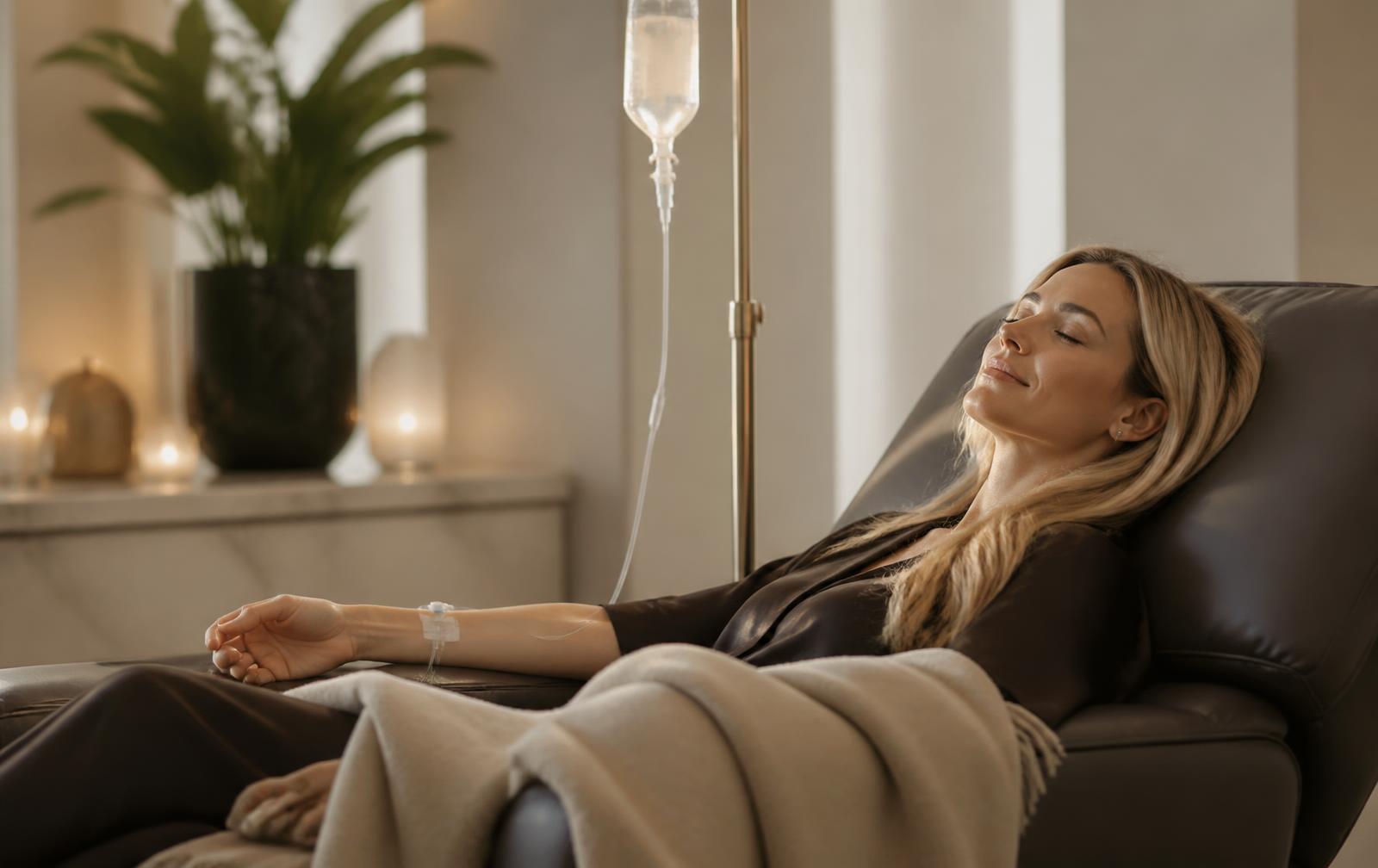 Patient receiving IV vitamin drip therapy in the longevity suite at THEIA Aesthetics