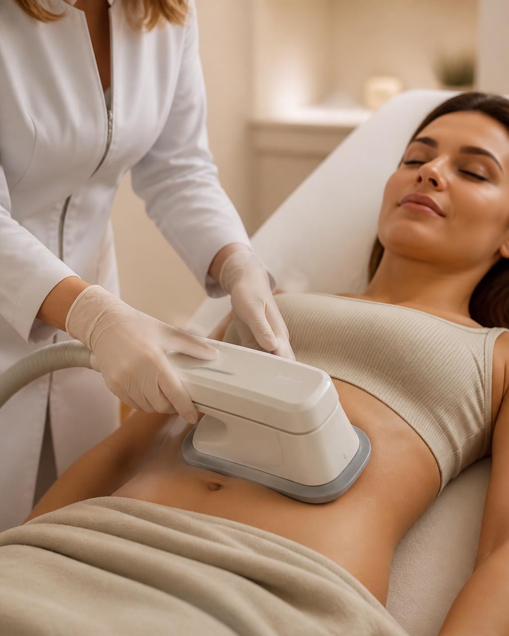 Non-invasive body contouring applicator on the abdomen at THEIA Aesthetics in San Antonio