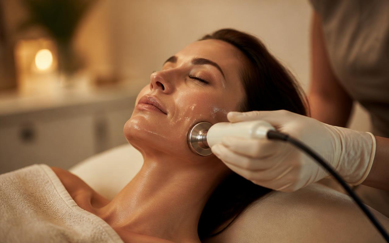 Radiofrequency skin tightening on the jawline at THEIA Aesthetics in San Antonio